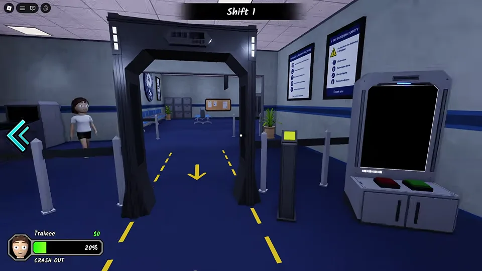 Body scanner lane with floor arrows and separate monitor